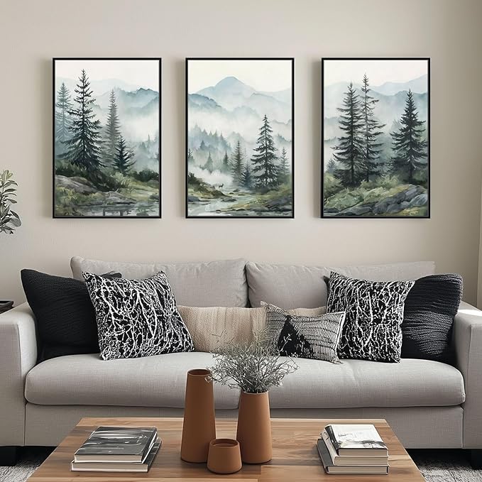 SAFERRYHOME Foggy Green Forest Wall Art, Misty Pine Tree Framed Canvas Wall Decor, Nature Landscape Painting Woodland Prints, Modern Mountain Artwork Picture for Living Room Bedroom Office, 16"x24"x3