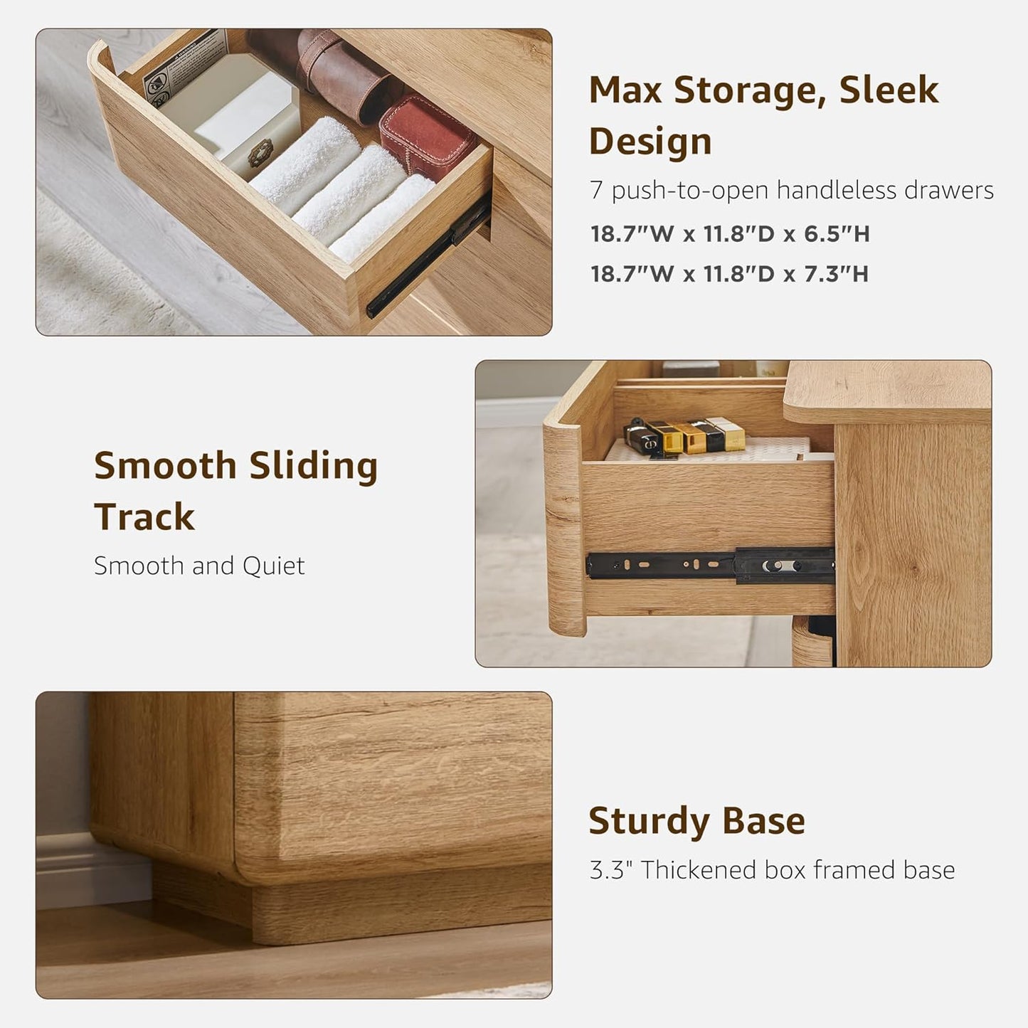 Modern 7 Drawer Dresser for Bedroom, 52" Wide Handleless Chest of Drawers, Large Push-to-Open Wood Storage w/Curved Profile, Dresser TV Stand for Bedroom, Living Room, Hallway, Natural Oak