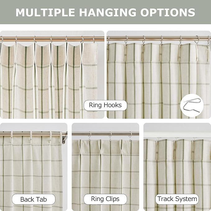 Vision Home Sage Green Plaid Linen Pinch Pleated Tier Curtains 24 inch, Checkered Semi Sheer Kitchen Curtains with Back Tab Hooks, Light Filtering Small Window Panels for Bathroom Laundry, 25"Wx24"Lx2