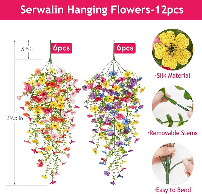 Serwalin 12PCS Artificial Hanging Flowers for Outdoors, UV Resistant Fake Hanging Plants, Realistic Weatherproof Outdoor Decor for Patio, Porch, Garden & Window (Multicolor,12PCS)