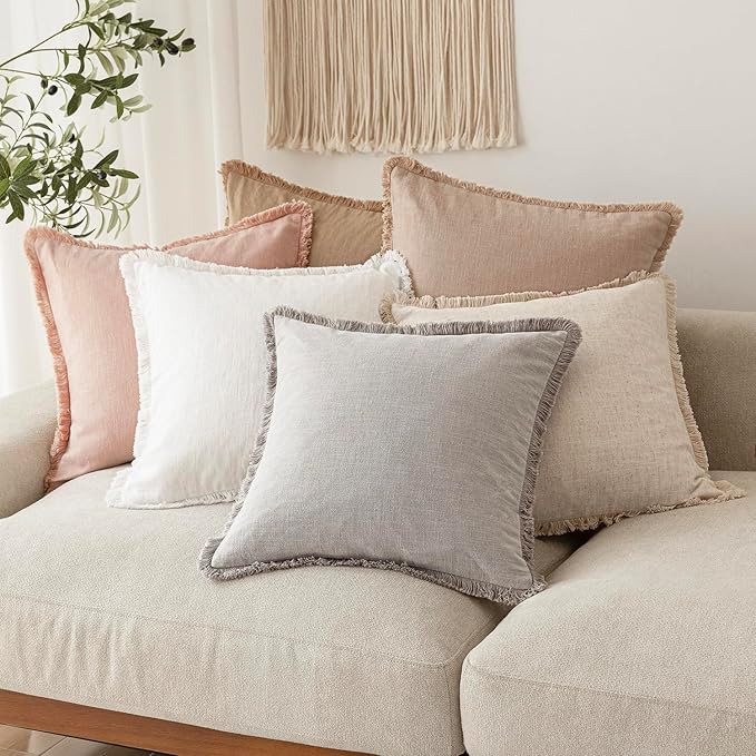 Foindtower Set of 2 Decorative Linen Fringe Throw Pillow Covers Boho Farmhouse Cushion Cover with Tassels Soft Accent Pillowcase for Couch Chair Sofa Bed Living Room Home Decor,22×22 Inch,Light Pink