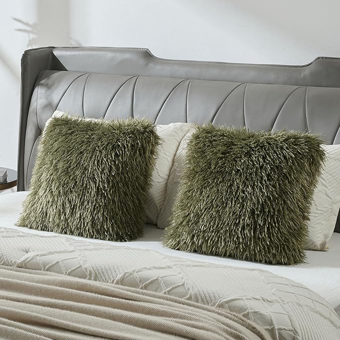 FUTEI Pack of 2 Shaggy Mongolian Faux Wool Throw Pillow Covers 18x18 Inch Soft Decorative Cushion Case for Couch Bed Living Room, Olive Green