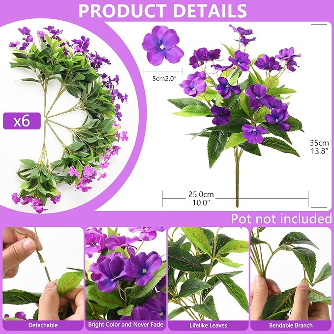 Artificial Impatiens Flowers for Outdoors, 6 Bundles Silk Fake Flowers for Spring Summer Decoration, UV Resistant Faux Plants Plastic Bouquet for Home Planter Porch Patio Yard Decor(Double Purple)