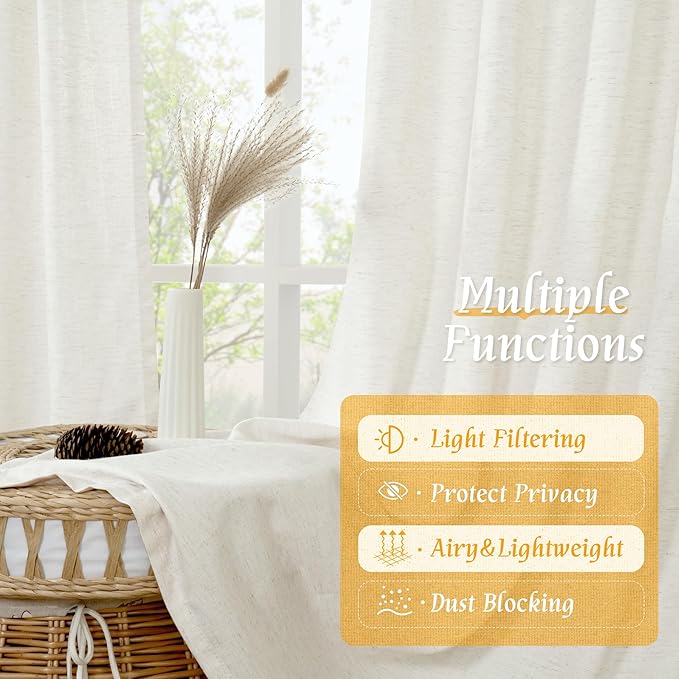 LAMIT Natural Linen Curtains 72 inch Length for Bedroom, Faux Linen Textured Light Filtering Drapes Rod Pocket Boho Window Treatment Panels for Farmhouse/Living Room, 2 Panels, 52 x 72 Inch