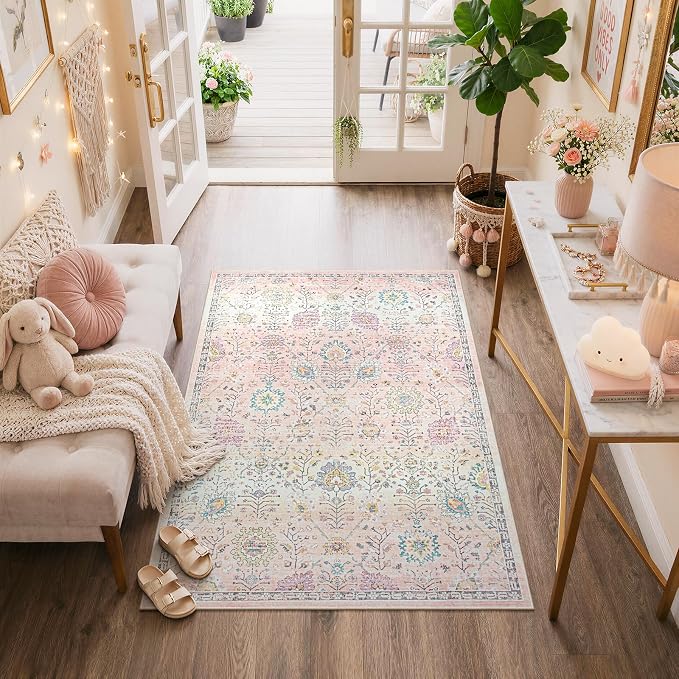 Lahome Girls Bedroom Pink Rug 3x5, Soft Washable Floral Area Rug with Non Slip Backing, Small Light Pink Carpet for Dorm Room, Nursery and Kids Room