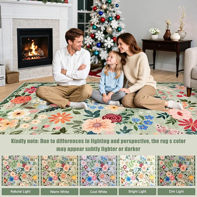 Round Area Rug for Living Room: 8 ft Floral Washable Circle Rug Soft Boho Non-Slip Carpet Indoor Floor Stain Resistant Low Pile Small Circular Rug for Bedroom Entryway Kitchen Nursery Green