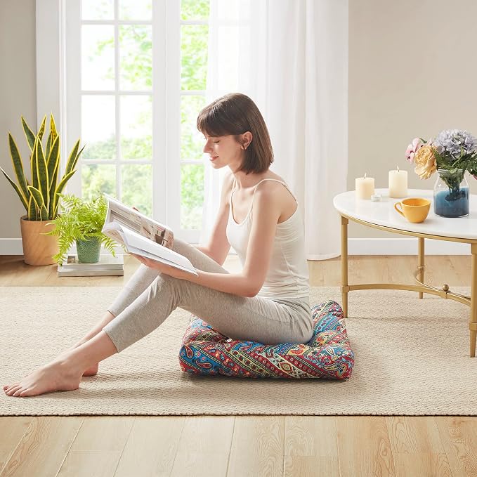 Codi Floor Pillow for Adults, Square Large Pillows Seating, Bohemian Big Cushions for Yoga Room Tatami Sitting, Memory Foam Added, 22x22 Inch, Multi Blaidiere, Set of 2