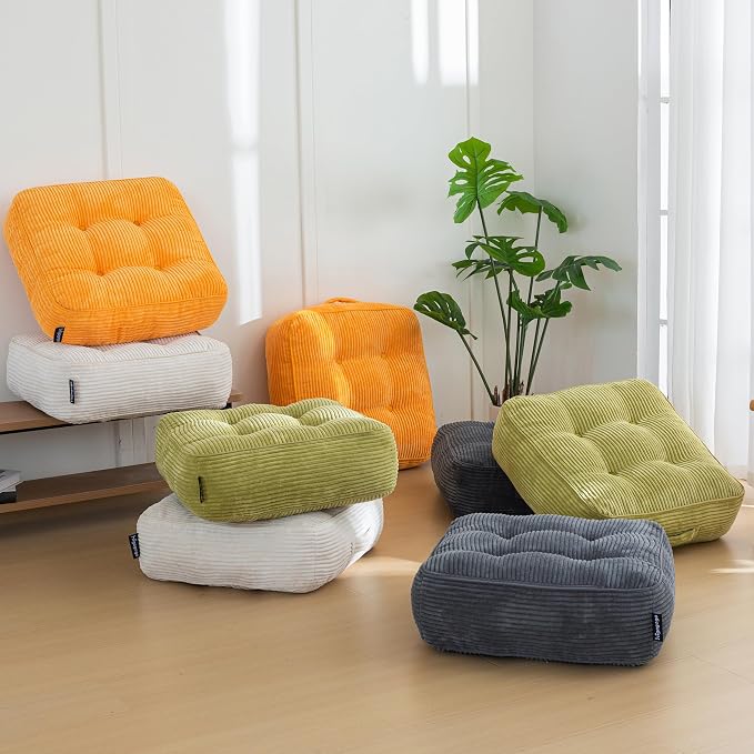 HIGOGOGO 8" Extra Thick Floor Pillow Cushion for Adults, Meditation Cushion Pillow, Large Square Floor Sitting, Tufted Corduroy Cover, for Tatami Living Room or Yoga, 22x22 Inch, Green