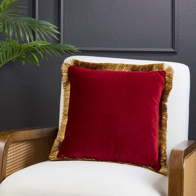 SARO LIFESTYLE Velvet Throw Pillow - Luxe Fringe Throw Pillow with Down Filled Comfort for Glam Traditional Decor, Elegant Living Spaces and Sophisticated Home Styling, 18"x18", Red