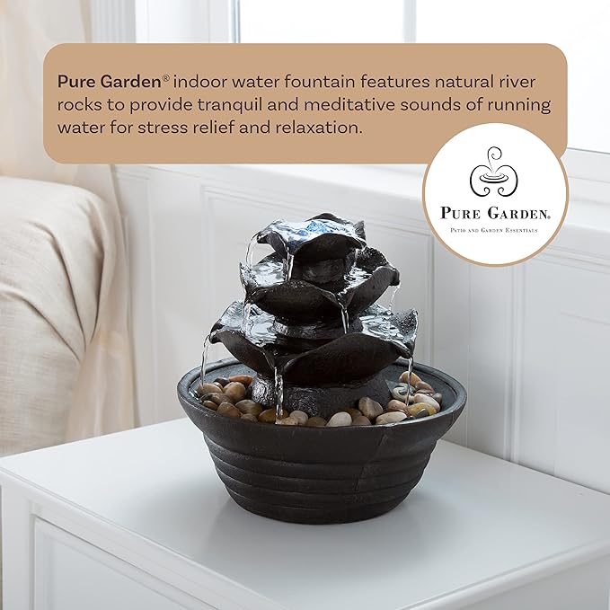 Indoor Fountain with LED Lights – Cascading 3-Tier Lighted Tabletop Water Feature with Soothing Sound – Zen Décor for Home or Office by Pure Garden