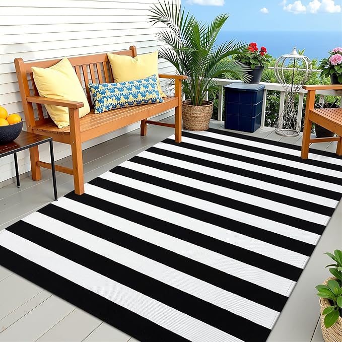 OLANLY Black and White Striped Rug 3' x 5' – Washable Cotton Indoor Outdoor Doormat for Front Door, Entryway, Kitchen, Porch, Patio Decor