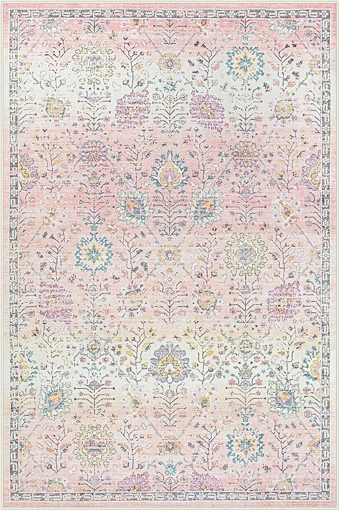 Lahome Girls Bedroom Pink Rug 6x9, Soft Washable Floral Area Rug, Non Slip Light Pink Carpet for Dorm Room, Playroom, Kids Room, Nursery and Classroom Decor