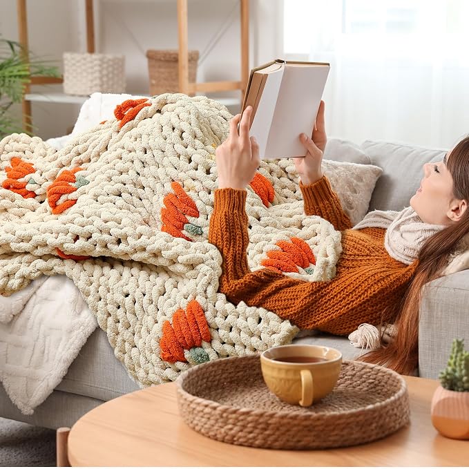 Mindsoft Chunky Knit Throw Blanket Large 50" X 60" 100% Handmade Cream Chenille Loop Yarn Fluffy Soft Knitted Throw Big Cozy Thick Cable Knit Crochet Blanket for Couch Sofa Bed (Orange,Pumpkin)