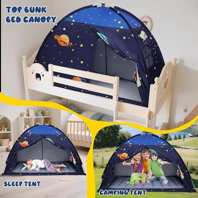 Redants Twin Bed Tent Canopy, Space Indoor Blackout Privacy Toddler Bed Tent for Kids with Light, Portable Sleeping Floor Kids Playhouse (Blue, Twin Size)