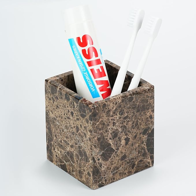 Marble Makeup Brush Holder - Brown Candle Toothbrush Cup for Bathroom Accessories, Decorative Pencil Organizer for Office Desk Aesthetic, Stone Utensil Container for Kitchen Countertop
