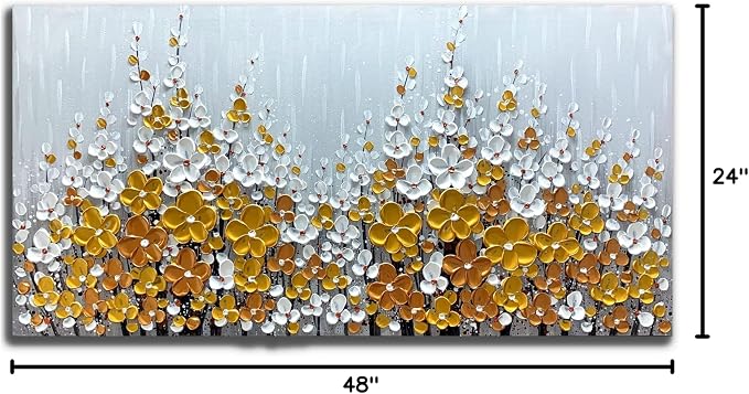 Yika Art Paintings - 24X48 Inch 3D Golden Silver Flower Tree Wall Art Abstract Textured Knife Platte Acrylic Painting on Canvas 3D Flowers Tree Paintings Ready to hang