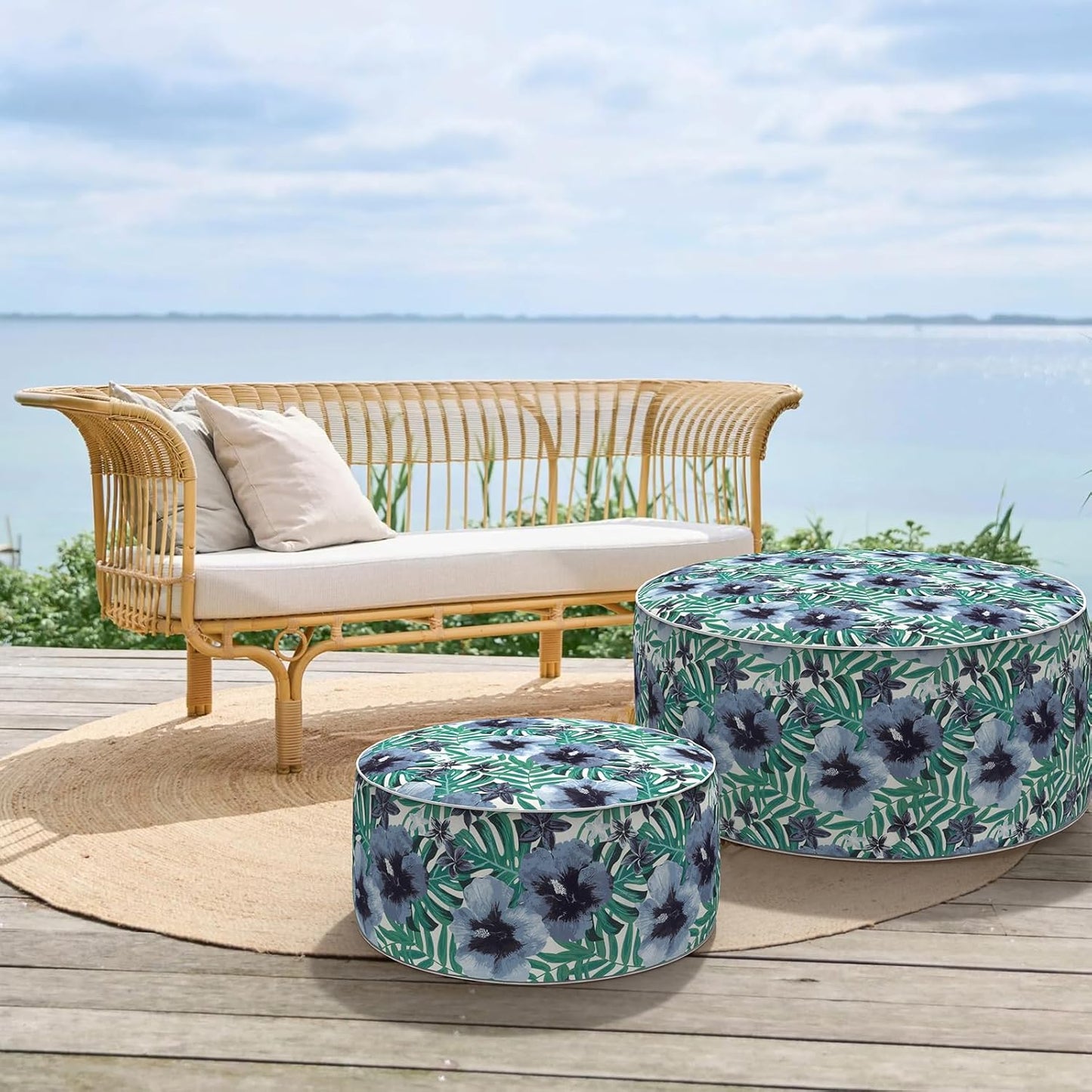 Inflatable Ottoman Stool D31 xH14 for Outdoor/Indoor Use, Water Repellent Patio Foot Rest with Portable Handle,Round Pouf Ottoman Suitable for Garden,Deck and Camping - Blue Salmone Tropical