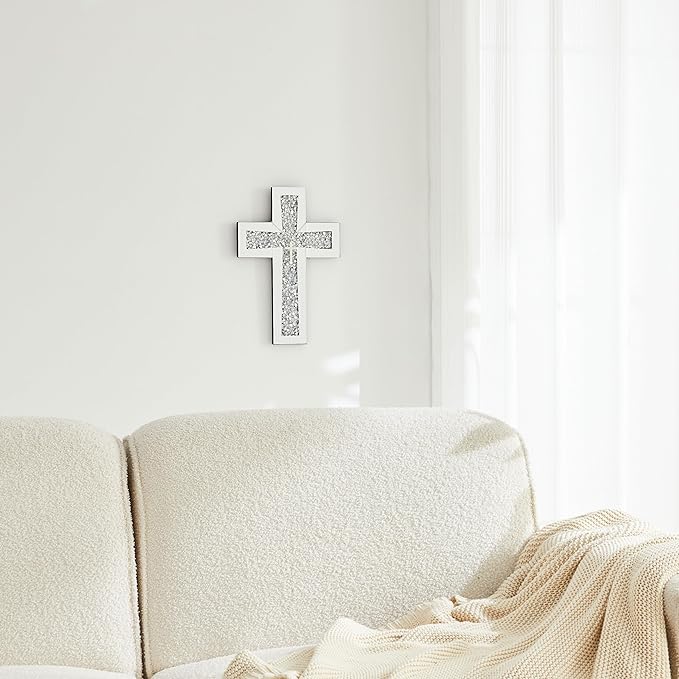 Aeveco Cross Wall Decor, Silver Mirrored Cross for Living Room, Crystal Crush Diamond Mirror Crosses, Religious Wall Art, Home Decor
