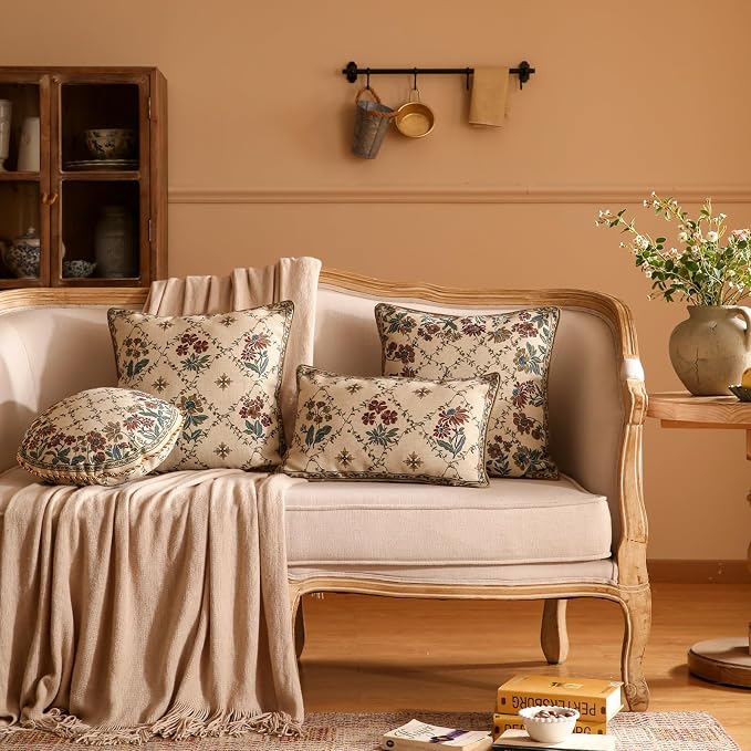 patdrea French Vintage Linen Throw Pillow Cover,Diameter 16"-Audrey B | Decorative Pillow Case with Zipper,Brown Floral Pattern,Pillow Cover for Couch Living Room Bedroom Sofa