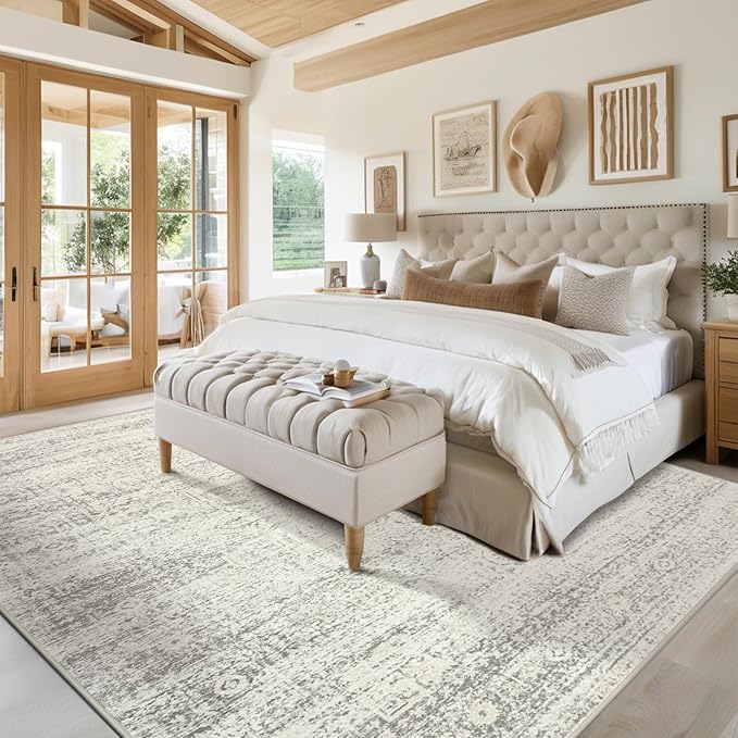 Srugn Washable Rugs 8x10 Area Rugs for Living Room,Bedroom,Dining Room- Large Ultra Soft Faux Wool Retro Carpets,Non Slip&Non-Shedding Low Pile Vintage Print Rug for Home Office Decor-Beige