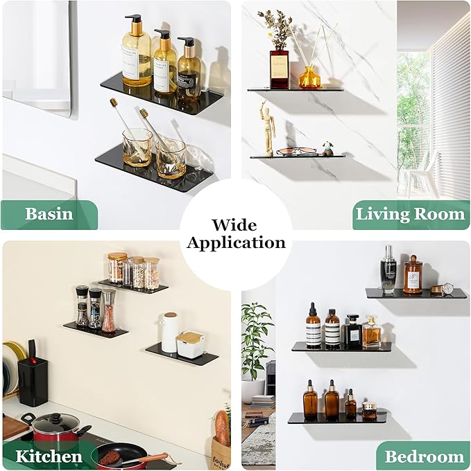 SAYAYO Glass Floating Shelves for Wall, Tempered Glass Shelves for Bathroom, Living Room, Bedroom, Office, Toilet, Kitchen Decor, 12 Inch Set of 2, Black