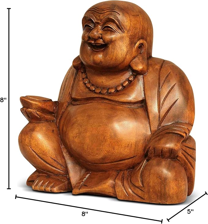 G6 Collection 8" Wooden Laughing Happy Buddha Statue Hand Carved Smiling Sitting Sculpture Handmade Figurine Decorative Home Decor Accent Rustic Handcrafted Art Decoration Happy Buddha (Small)
