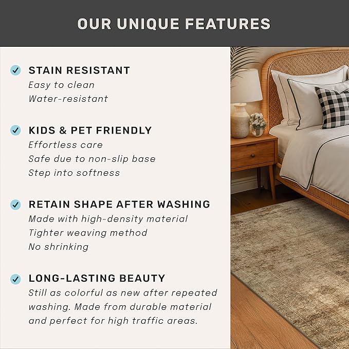 Farmhouse Gold Brown Indoor Rugs for Entryway - 3x5 Low Pile & Soft Area Rug for Bedroom Beside Bed, Laundry Room, Washable Kitchen Carpet Non Slip with Rubber Backing, Medallion Abstract Home Décor