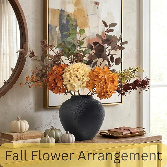 Faux Arrangement - Burnt Orange Hydrangea & Eucalyptus Stems, Fall Centerpieces for Tables, Large Floral Arrangement, Real Touch Artificial Fall Flowers for Thanksgiving & Autumn Dining Table