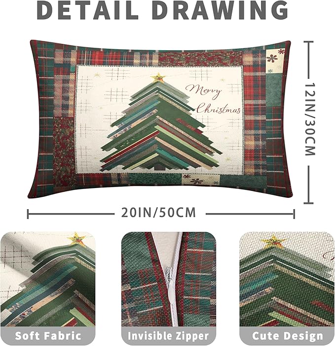 Merry Christmas Lumbar Pillow Covers 12x20 Set of 2 Red Classic Checkered Green Xmas Tree Throw Pillow Covers Holiday Pillowcase Rectangular Cushion Case for Couch Sofa