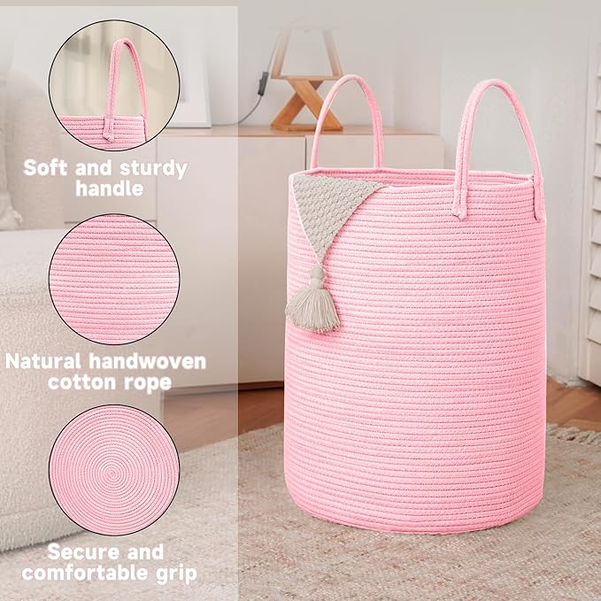 JMvicyroam Large Woven Laundry Basket Hamper,80L Cotton Rope Storage Bin for Blankets,Toys and Clothes,Decorative Tall Nursery Hamper for Living Room,Baby Nursery,Bathroom and Bedroom,Pink