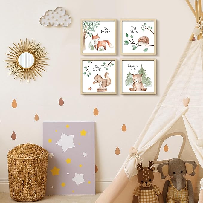 ArtbyHannah Framed Woodland Nursery Wall Decor, 4 Pack Gallery Wall Frame Set Forest Animal Safari Wall Art Prints for Baby Kids Playroom Room Decoration, Cute Artwork Frame 10x10 Inch