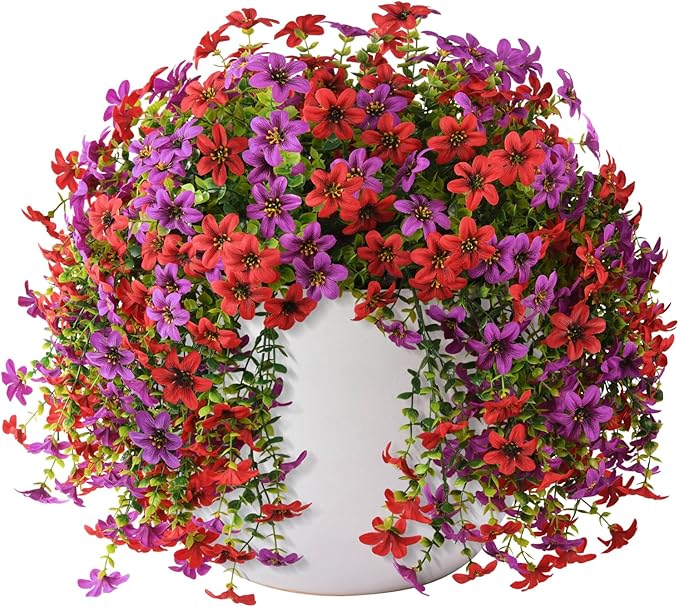 Artificial Hanging Baskets Outdoor, 4 Bundles Artificial Hanging Flowers Outdoors Spring Summer Decoration, No Fade Realistic Fake Hanging Baskets for Porch Patio Balcony Home Yard Decor