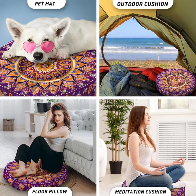 Mandala Meditation Cushion, Boho Meditation Mat, Meditation Pillows for Sitting on Floor, Cushions for Sitting in Home and Outdoor, Round Floor Pillows Cushion Seating for Yoga Accessories 22'' X 22''