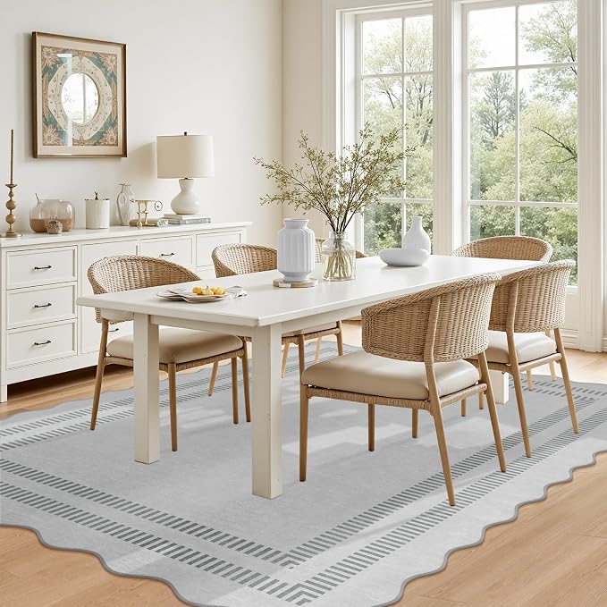 Washable Rug 5x7 Area Rugs for Living Room, Solid Grey Rug Non Slip Scalloped Carpet with Rubber Back, Soft Low Pile Rugs for Nursery Bedroom Dorm