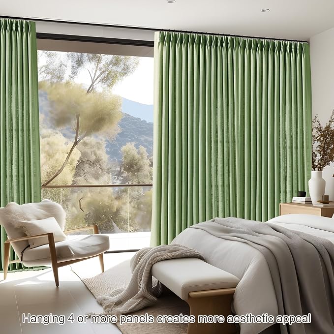 Sage Green Pinch Pleated Linen Curtains 84 Inches Long for Living Room, Light Filtering Pleat Drapes Textured Thick Memory Trained Semi-Sheer Boho Curtain with Hooks for Bedroom Farmhouse, 2 Panels
