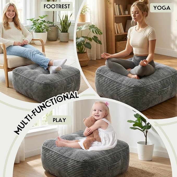 11" Thick Washable Floor Pillow for Adults, Yoga & Meditation Cushion with Handle, Square Large Pillows Seating with Removable Tufted Corduroy Cover for Tatami Living Room Board Games, Light Gray New