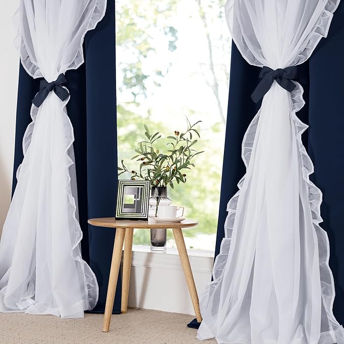 PONY DANCE Blackout Curtains for Living Room Decor Window Treatment Double Layer Drapes Ruffle Sheer Overlay Farmhouse Rustic Design, W 52 x L 84 Inches, Navy Blue, 2 Panels