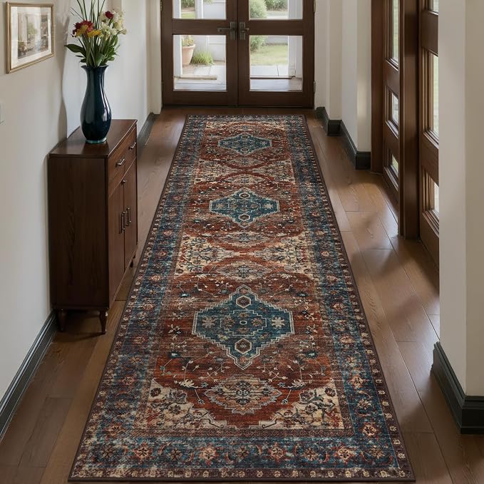 Tangsoo 2x8 Washable Runner Rug for Hallways, Non Slip Vintage Runner Rug, Soft Low Pile Long Rug Runner, Print Distressed Carpet Runners for Kitchen Bedroom Entryway Bathroom Living Room