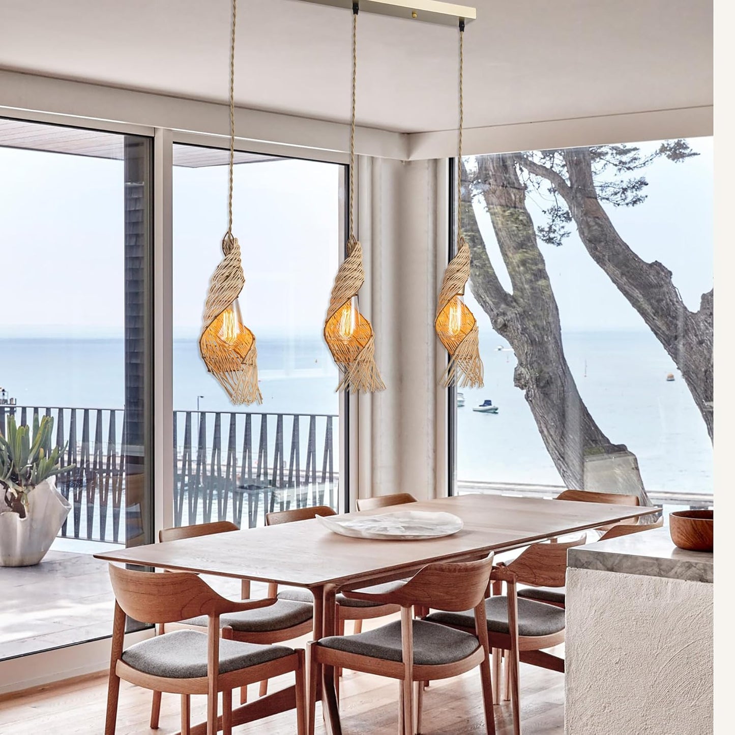 3-Light Modern Rattan Kitchen Island Pendant – Handmade Boho Ceiling Lamp – Spiral Woven Farmhouse Lighting 24" Wide