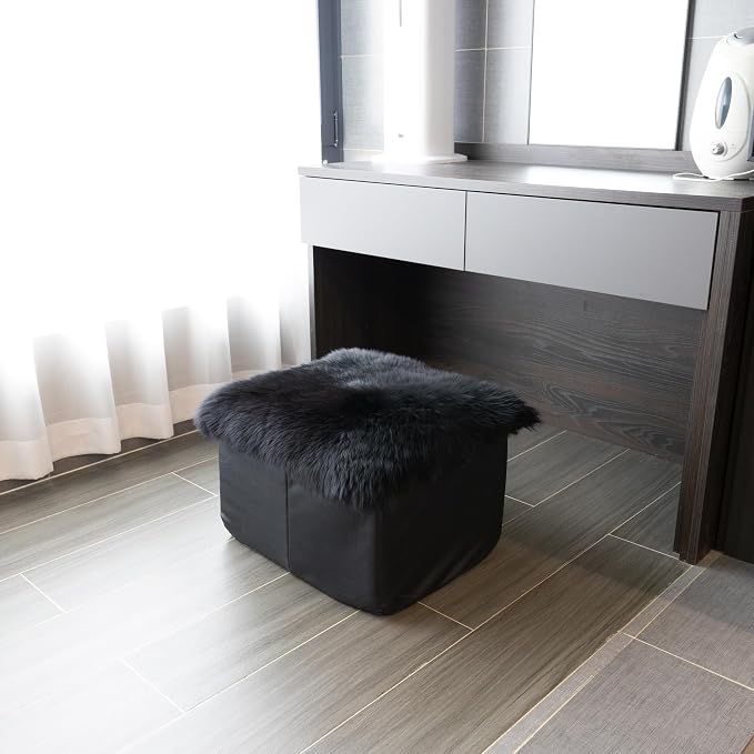 Sheepskin Chair Cushion Non-Slip Back Square Genuine Fur Chair Cover Silky Natural Wool Seat Cushion Pad Soft Area Rugs Carpet for Home Office Restaurant Chair 18x18 Inch (Pack of 1), Inky Black