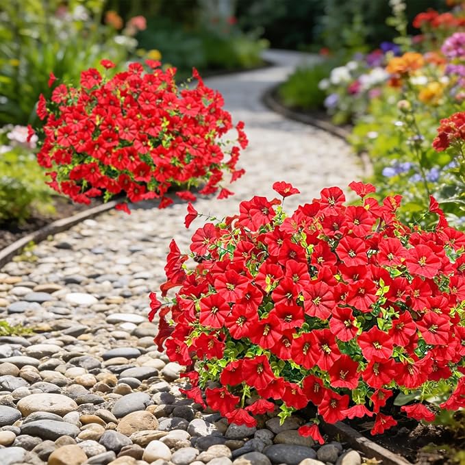 Ouddy Decor 24 Bundles Artificial Flowers for Outdoors, Fake Petunias Flowers Silk Morning Glory with Eucalyptus Faux Plants for Indoor Outside Spring Summer Yard Garden Porch Home Decor, Red