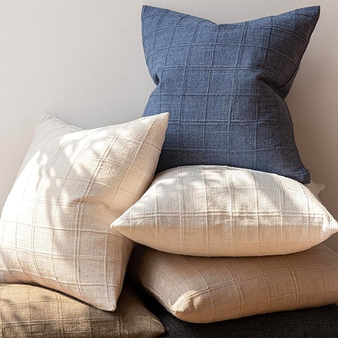 Foindtower Set of 2 Decorative Linen Check Throw Pillow Covers Neutral Farmhouse Vintage Cushion Covers Modern Coastal Boho Home Decor for Sofa Chair Couch Bedroom Living Room,26×26 Inch,Blue