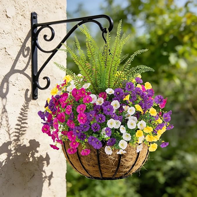 Artificial Flowers Fake Plants for Outdoors Decoration, 12 Bundles Silk Morning Glory with Boston Fern Realistic UV Resistant Faux Spring Flowers for Outside Planter Yard Patio Garden Home Indoor Urn