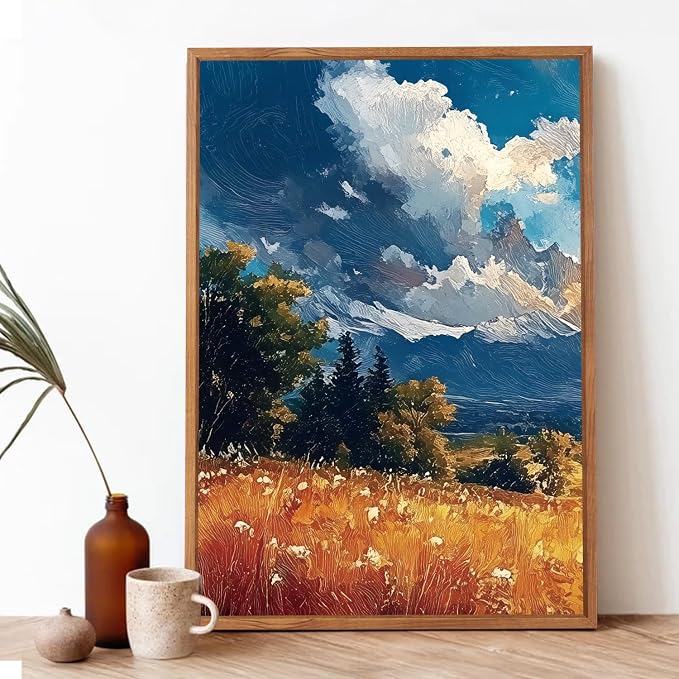 LHIUEM Mountain Wilderness Sunset Framed Canvas Wall Art,Nature Country Scenery Wall Decor,Field Pine Tree Landscape Artwork for Living Room,Bedroom,Dining Room,Farmhouse -16"x24"x3