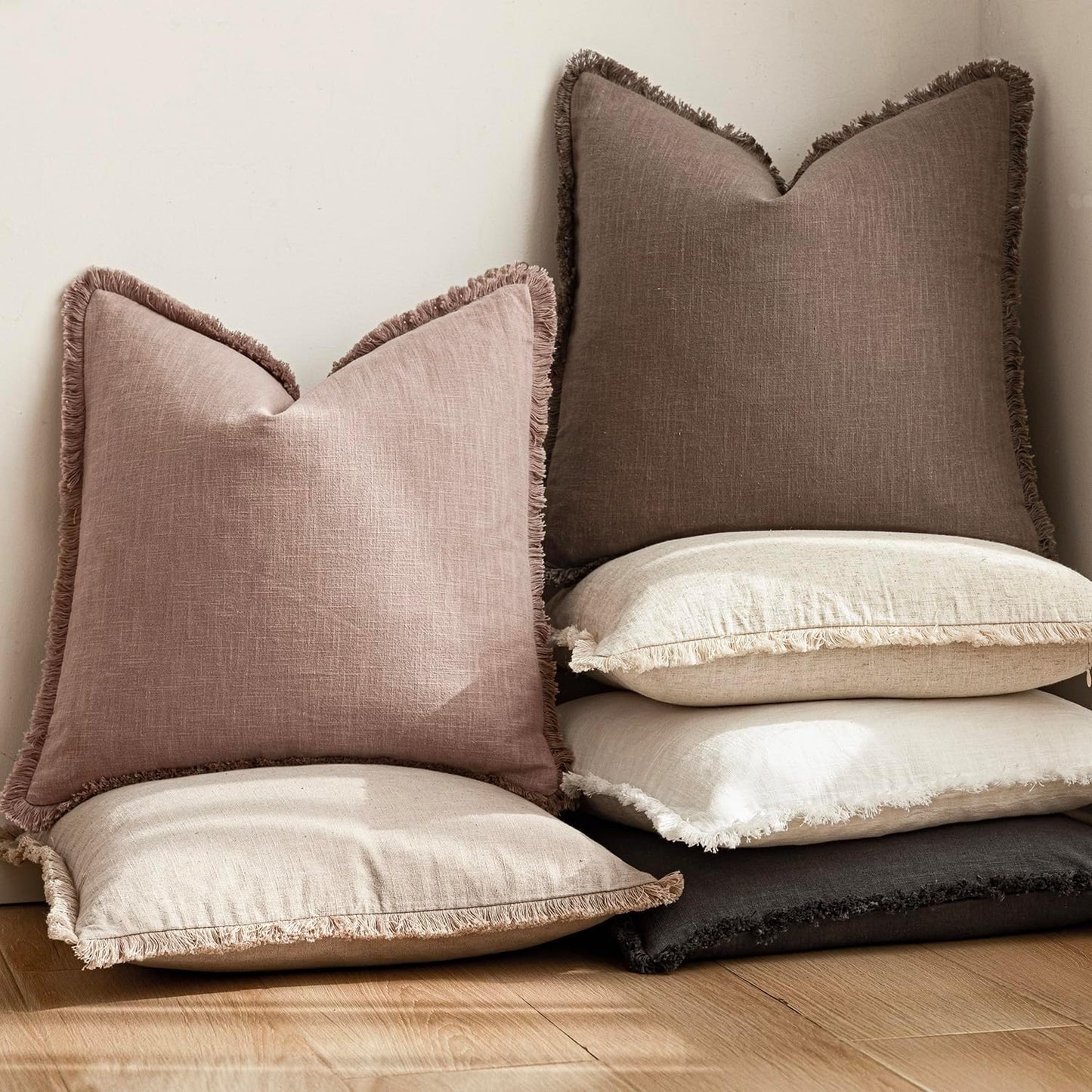 Foindtower Set of 2 Decorative Linen Fringe Lumbar Throw Pillow Covers Farmhouse Cushion Cover with Tassels Soft Accent Pillowcase for Couch Sofa Bed Living Room Home Decor,12×24 Inch,Dusty Pink