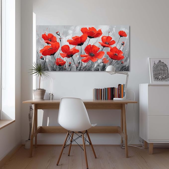 Ggaafet Red Wildflower Wall Art for Living Room Canvas Oil Painting Prints Beautiful Flowers Floral Blooming Art Deco Pretty Artwork Office Bedroom Family Dining Room Decor Extra Large