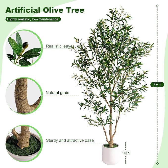 7FT Artificial Olive Tree with Realistic Leaves & Natural Trunk, Faux Silk Olive Plant in White Planter, Tall Fake Tree for Modern Home Office Living Room Entryway Corner Decor, Maintenance Free