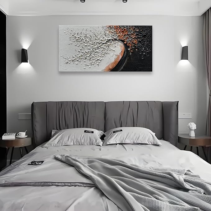 Hand-Painted 24x48 inch White and Black Abstract Flower Tree Painting Canvas Mural Living Room Bedroom Dining Room Wall Art Deco Painting
