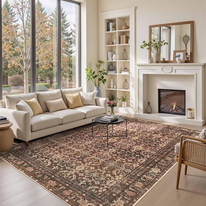 Rugxara 8x10 Area Rugs for Living Room Bedroom, Large Washable Christmas Rug, Vintage Oriental Boho Rug, Non Slip & Low Pile Faux Wool Thin Carpet for Indoor Dining Room and Kids Room(Red 8x10ft)
