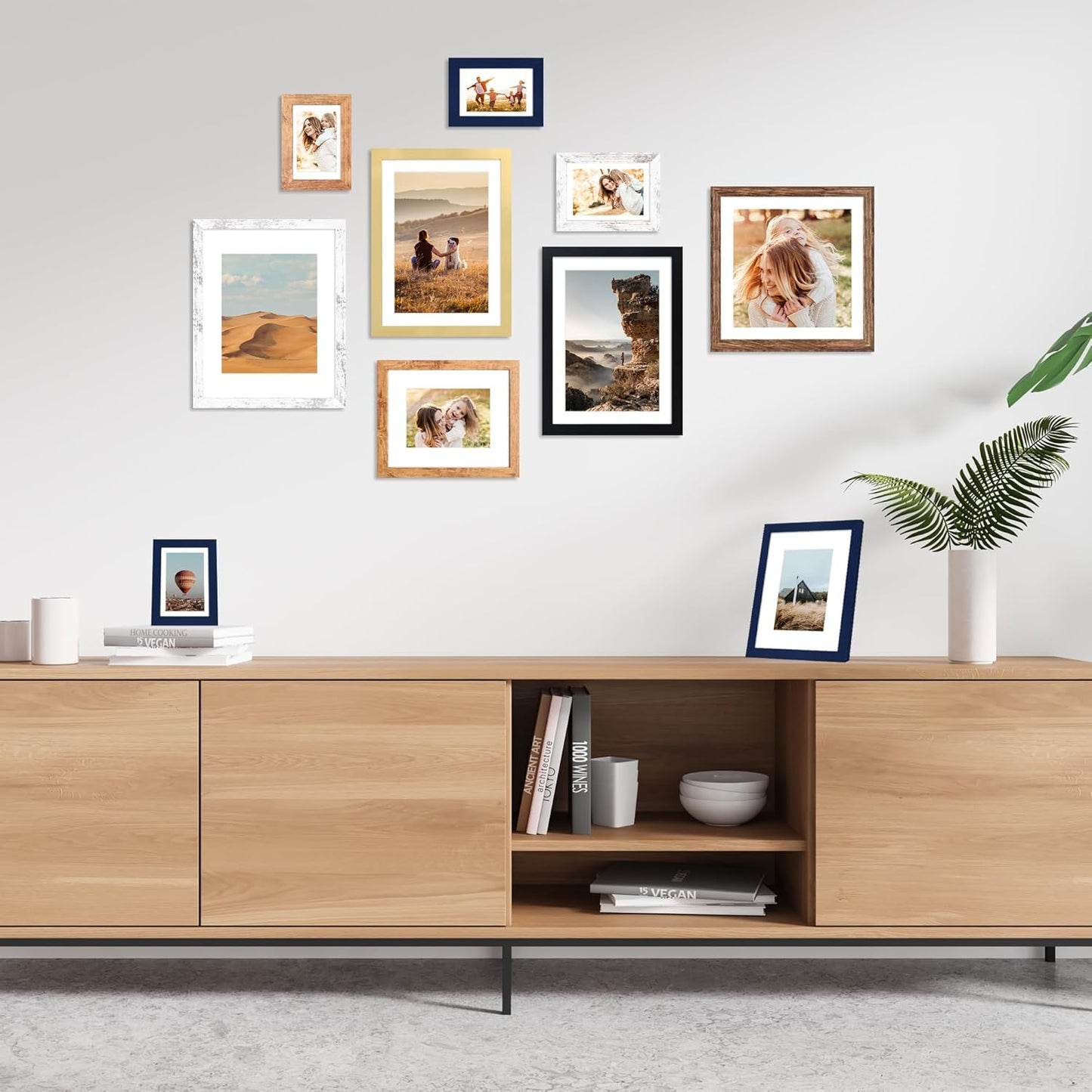 4x6 Picture Frame Set of 4, 4 x 6 Wood Photo Frames with Mat for 3.5x5, Natural Wooden Frame with Real Glass Cover for Wall and Tabletop Display,Blue